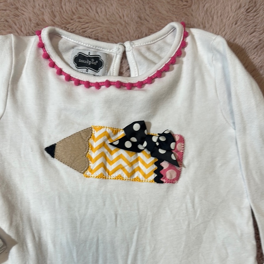 EUC Mud Pie back to school Bow Pencil Long Sleeve Tee Ruffled Sleeve 24/2t-3t - Picture 2 of 4